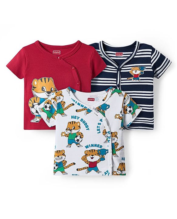 Babyhug 100% Cotton Knit Half Sleeves Antibacterial Front Open jhablas with Tiger Print & Stripes Pack of 3 - Red White & Navy Blue