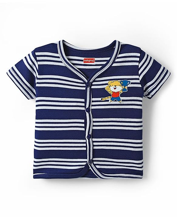 Babyhug 100% Cotton Knit Half Sleeves Antibacterial Front Open jhablas with Tiger Print & Stripes Pack of 3 - Red White & Navy Blue