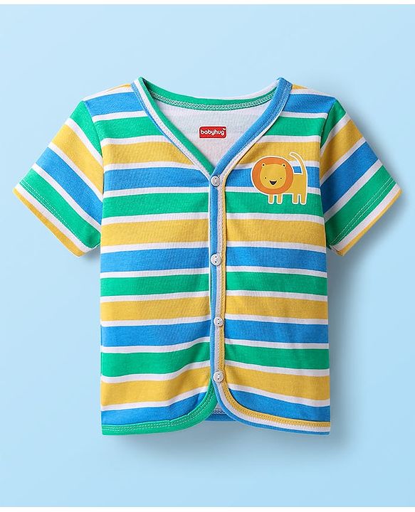 Babyhug 100% Cotton Interlock Knit Half Sleeves Front Open jhabla with Animal Print Animal Print Pack of 3 - Green White & Blue