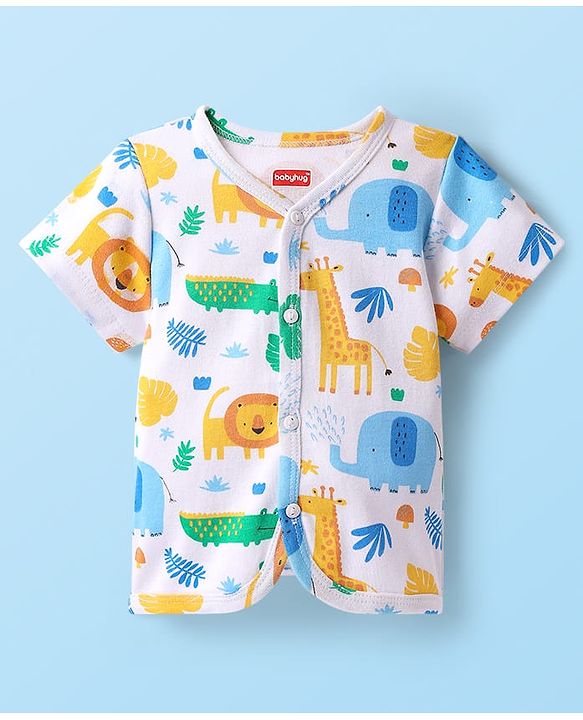 Babyhug 100% Cotton Interlock Knit Half Sleeves Front Open jhabla with Animal Print Animal Print Pack of 3 - Green White & Blue