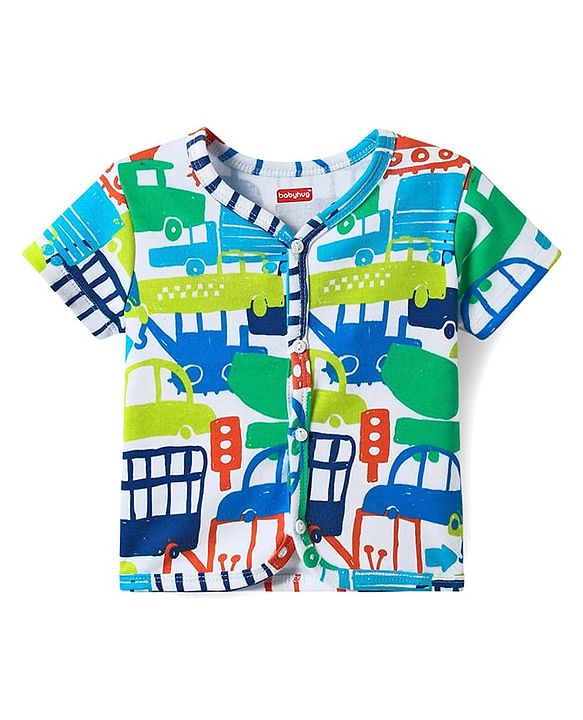 Babyhug 100% Cotton Knit Antibacterial Half Sleeves Front Open jhablas with Vehicle Print & Stripes Pack of 3 - Light Green