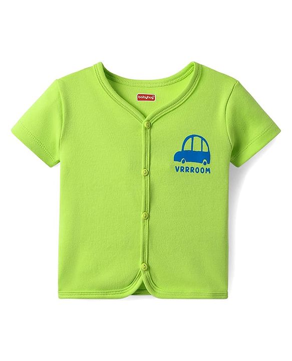 Babyhug 100% Cotton Knit Antibacterial Half Sleeves Front Open jhablas with Vehicle Print & Stripes Pack of 3 - Light Green