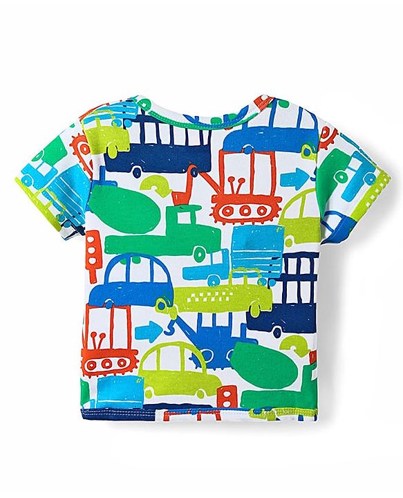 Babyhug 100% Cotton Knit Antibacterial Half Sleeves Front Open jhablas with Vehicle Print & Stripes Pack of 3 - Light Green