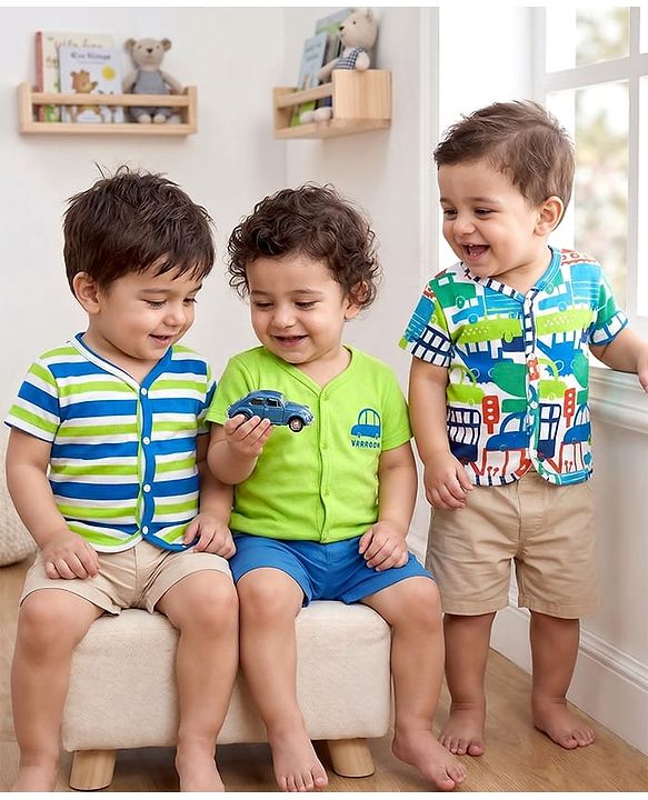 Babyhug 100% Cotton Knit Antibacterial Half Sleeves Front Open jhablas with Vehicle Print & Stripes Pack of 3 - Light Green