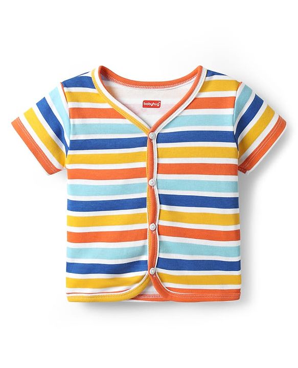 Babyhug 100% Interlock Knit Front Open Half Sleeves Antibacterial jhablas With Stripes & Dino Print Pack Of 3 - Yellow Blue & Light Blue