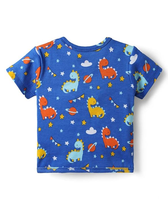 Babyhug 100% Interlock Knit Front Open Half Sleeves Antibacterial jhablas With Stripes & Dino Print Pack Of 3 - Yellow Blue & Light Blue