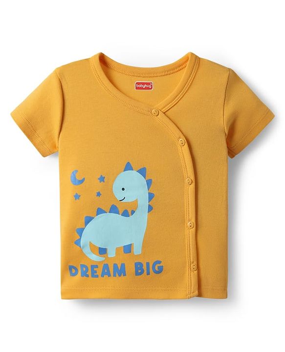 Babyhug 100% Interlock Knit Front Open Half Sleeves Antibacterial jhablas With Stripes & Dino Print Pack Of 3 - Yellow Blue & Light Blue