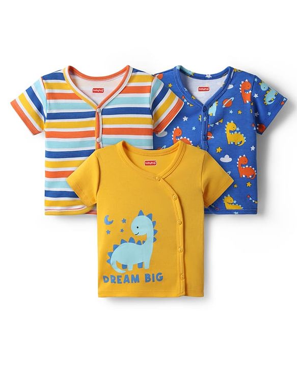 Babyhug 100% Interlock Knit Front Open Half Sleeves Antibacterial jhablas With Stripes & Dino Print Pack Of 3 - Yellow Blue & Light Blue
