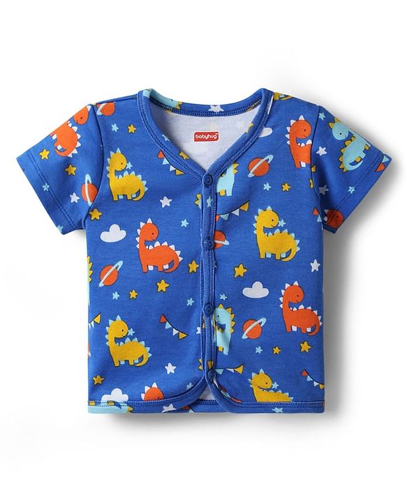 Babyhug 100% Interlock Knit Front Open Half Sleeves Antibacterial jhablas With Stripes & Dino Print Pack Of 3 - Yellow Blue & Light Blue