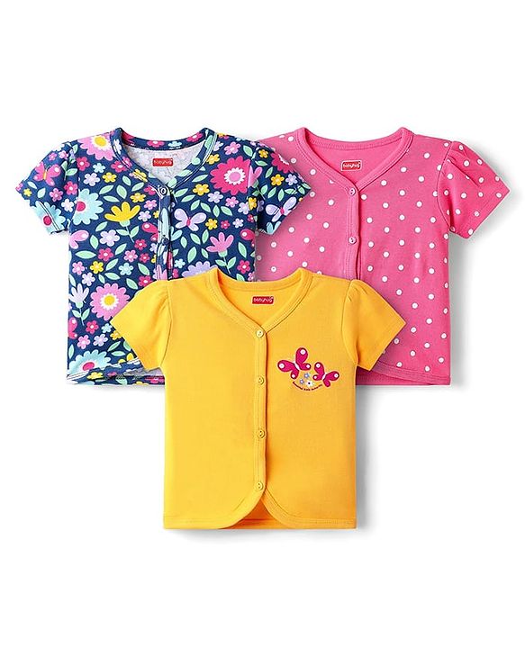 Babyhug 100% Cotton Antibacterial Front Open Half Sleeves jhabla With Polka Dots & Floral Print Pack Of 3 - Dark Pink Blue & Yellow