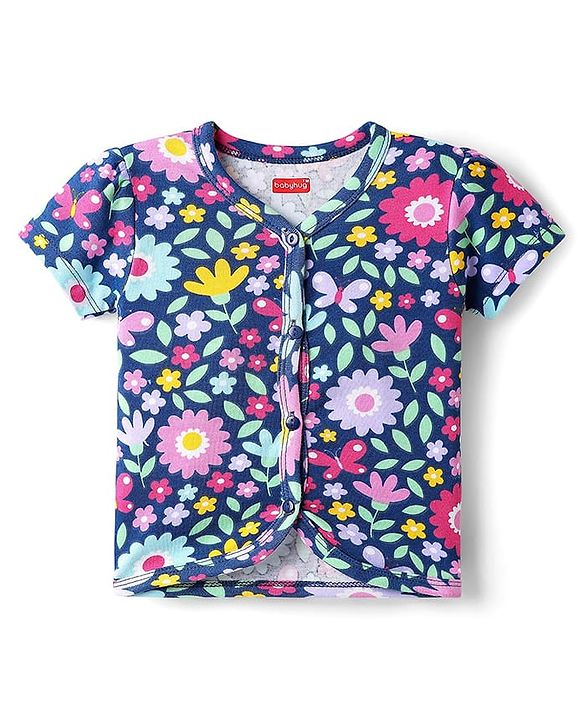 Babyhug 100% Cotton Antibacterial Front Open Half Sleeves jhabla With Polka Dots & Floral Print Pack Of 3 - Dark Pink Blue & Yellow