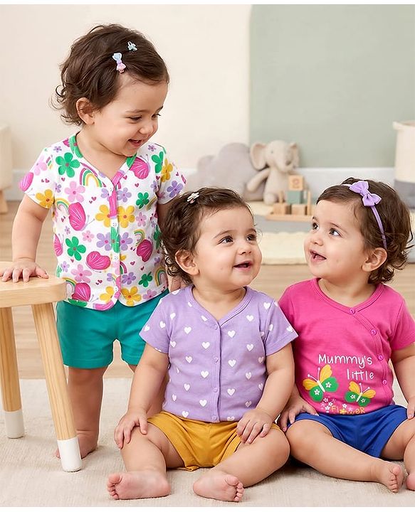 Babyhug 100% Cotton Knit Half Sleeves Antibacterial Front Open jhablas with Floral & Hearts Print Pack of 3 - Pink Lilac & White