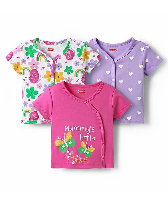 Babyhug 100% Cotton Knit Half Sleeves Antibacterial Front Open jhablas with Floral & Hearts Print Pack of 3 - Pink Lilac & White