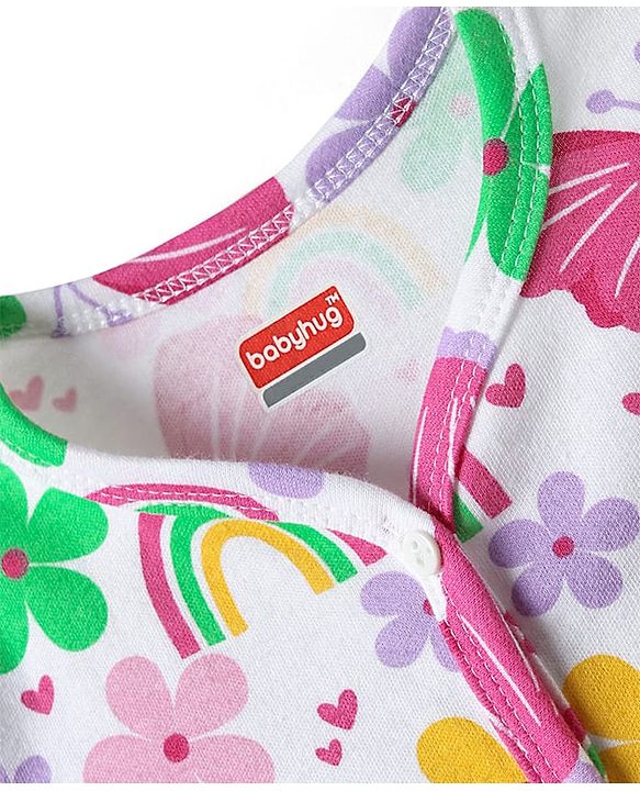 Babyhug 100% Cotton Knit Half Sleeves Antibacterial Front Open jhablas with Floral & Hearts Print Pack of 3 - Pink Lilac & White