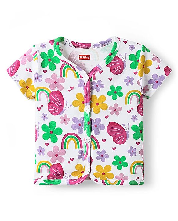 Babyhug 100% Cotton Knit Half Sleeves Antibacterial Front Open jhablas with Floral & Hearts Print Pack of 3 - Pink Lilac & White