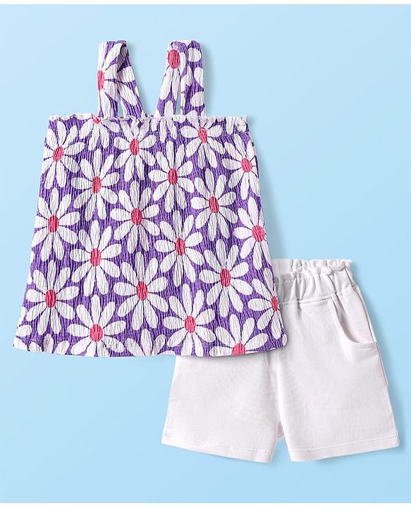Babyhug Single Jersey Knit Sleeveless Floral Printed Top & Shorts Set - Lavender & White