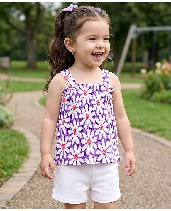 Babyhug Single Jersey Knit Sleeveless Floral Printed Top & Shorts Set - Lavender & White