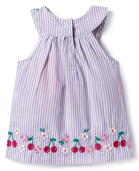 Babyhug Cotton Woven Sleeveless Striped Halter Neck Top & Shorts Set with Bow Applique & Tropical Theme Embroidery - Lavender