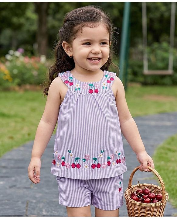 Babyhug Cotton Woven Sleeveless Striped Halter Neck Top & Shorts Set with Bow Applique & Tropical Theme Embroidery - Lavender