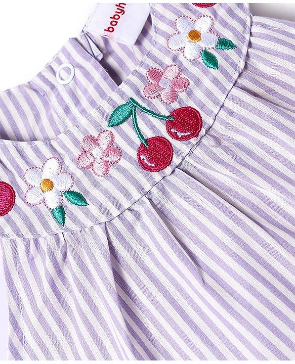 Babyhug Cotton Woven Sleeveless Striped Halter Neck Top & Shorts Set with Bow Applique & Tropical Theme Embroidery - Lavender