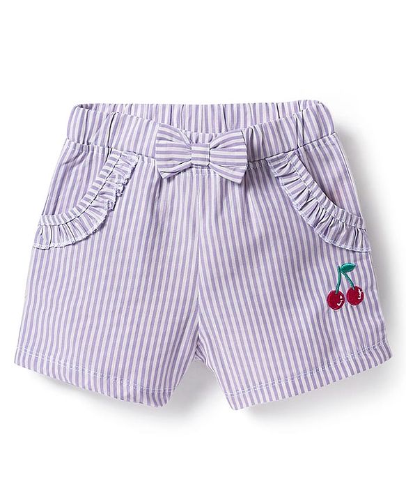 Babyhug Cotton Woven Sleeveless Striped Halter Neck Top & Shorts Set with Bow Applique & Tropical Theme Embroidery - Lavender