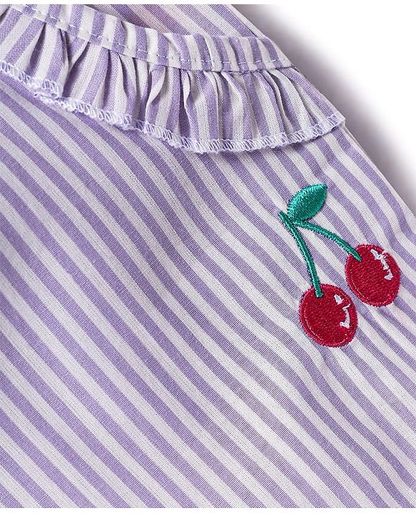 Babyhug Cotton Woven Sleeveless Striped Halter Neck Top & Shorts Set with Bow Applique & Tropical Theme Embroidery - Lavender