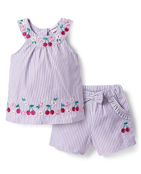 Babyhug Cotton Woven Sleeveless Striped Halter Neck Top & Shorts Set with Bow Applique & Tropical Theme Embroidery - Lavender