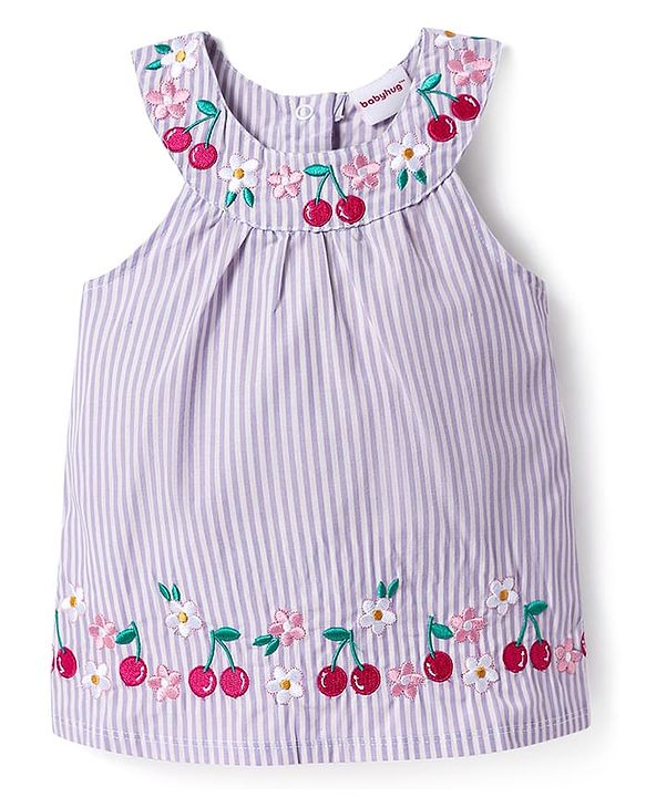Babyhug Cotton Woven Sleeveless Striped Halter Neck Top & Shorts Set with Bow Applique & Tropical Theme Embroidery - Lavender