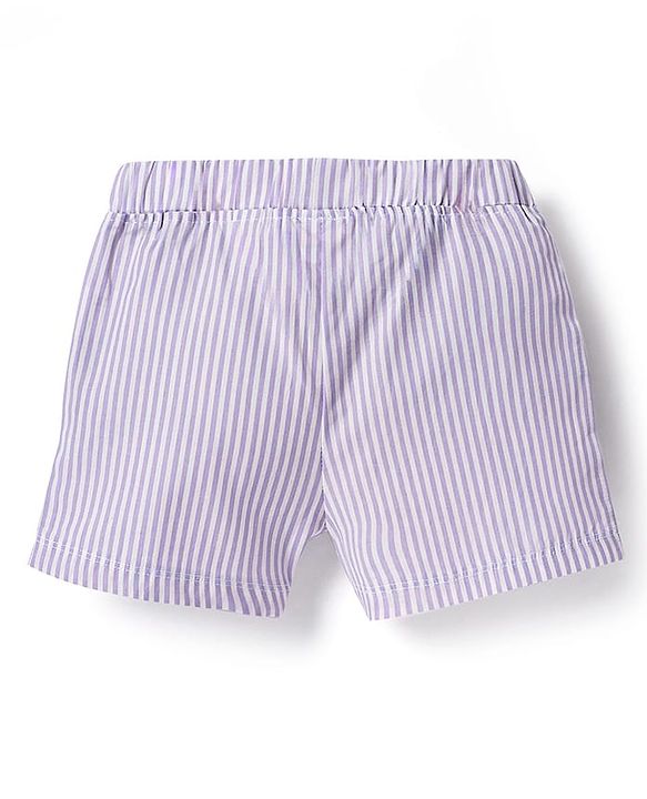Babyhug Cotton Woven Sleeveless Striped Halter Neck Top & Shorts Set with Bow Applique & Tropical Theme Embroidery - Lavender