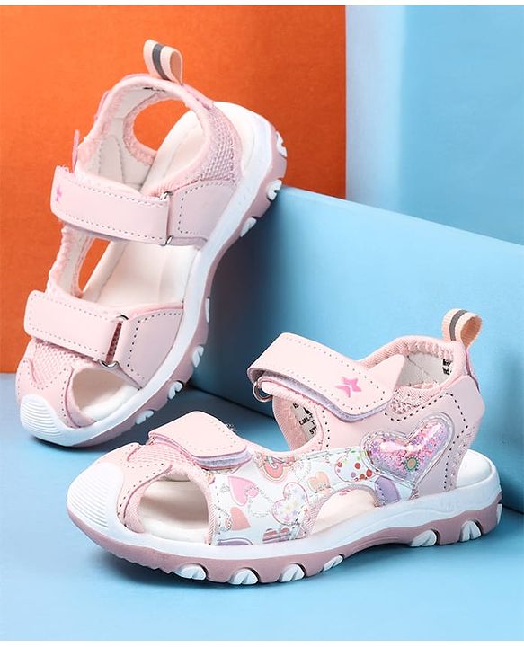 Cute Walk by Babyhug Velcro Closure Sandals with Hearts Glitter Print - Pink