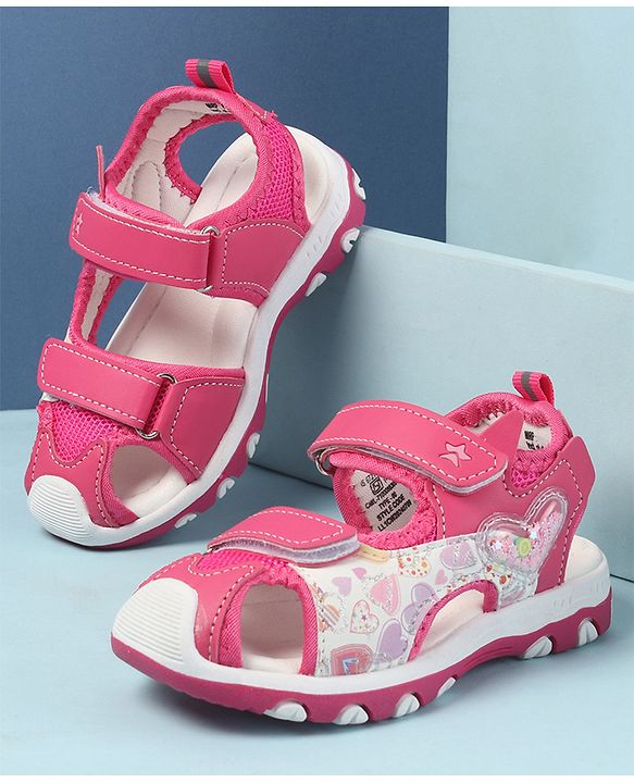 Cute Walk by Babyhug Velcro Closure Sandals with Hearts Glitter Print - Pink
