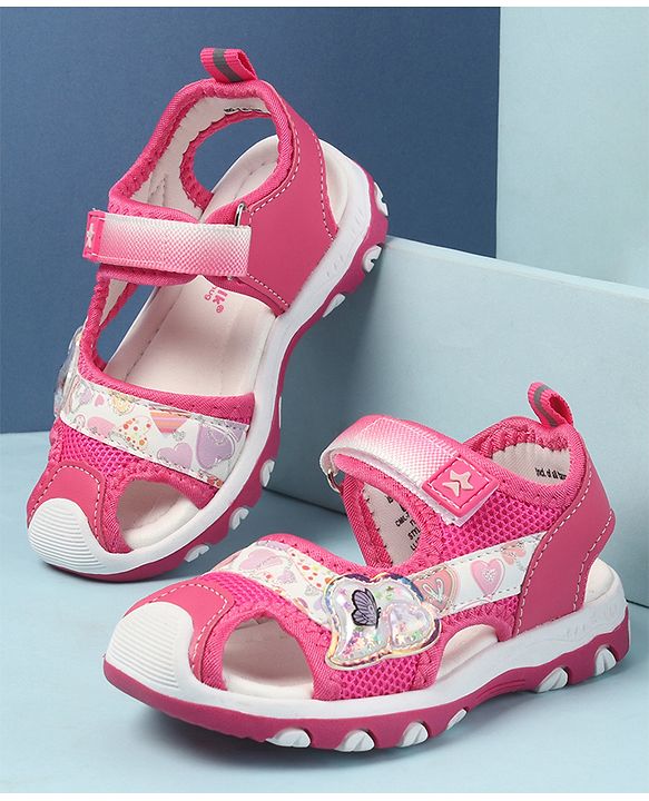 Cute Walk by Babyhug Velcro Closure Sandals with Hearts Glitter Print - Fuchsia