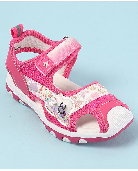 Cute Walk by Babyhug Velcro Closure Sandals with Hearts Glitter Print - Fuchsia