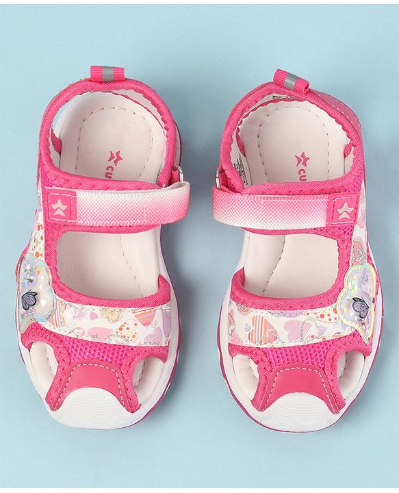 Cute Walk by Babyhug Velcro Closure Sandals with Hearts Glitter Print - Fuchsia