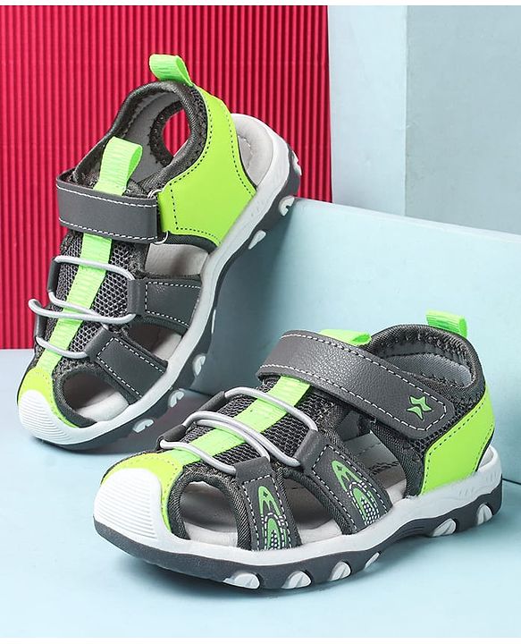 Cute Walk by Babyhug Velcro Closure Sandals With Lace Detailing - Grey & Neon Green