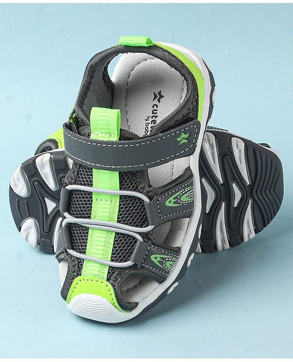 Cute Walk by Babyhug Velcro Closure Sandals With Lace Detailing - Grey & Neon Green