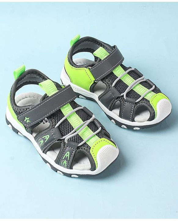 Cute Walk by Babyhug Velcro Closure Sandals With Lace Detailing - Grey & Neon Green