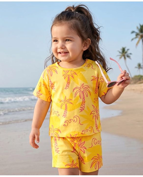 Babyhug Single Jersey Knit Half Sleeves Top & Shorts Co-Ord Set With Tree Print - Yellow