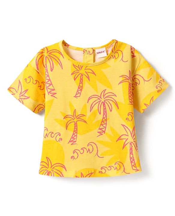 Babyhug Single Jersey Knit Half Sleeves Top & Shorts Co-Ord Set With Tree Print - Yellow