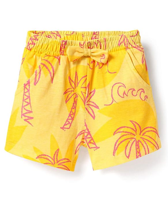 Babyhug Single Jersey Knit Half Sleeves Top & Shorts Co-Ord Set With Tree Print - Yellow