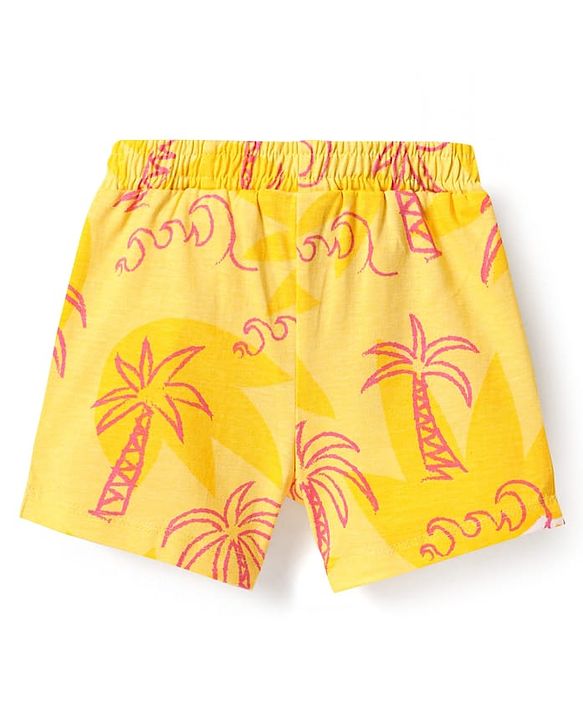 Babyhug Single Jersey Knit Half Sleeves Top & Shorts Co-Ord Set With Tree Print - Yellow