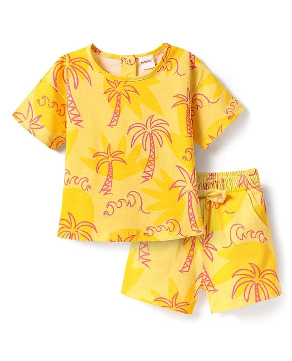 Babyhug Single Jersey Knit Half Sleeves Top & Shorts Co-Ord Set With Tree Print - Yellow