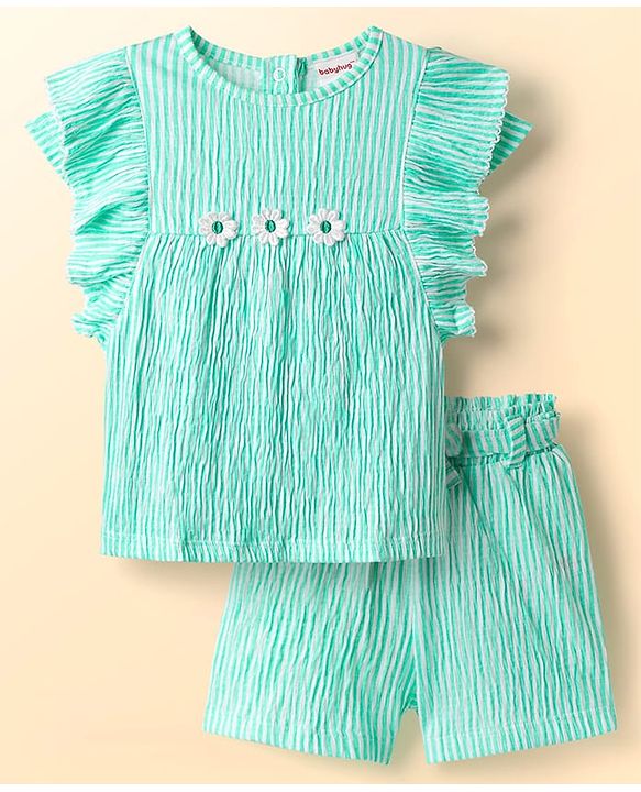 Babyhug Cotton Woven Frill Sleeves Top & Shorts Set with Stripes & Floral Applique - Aqua Blue