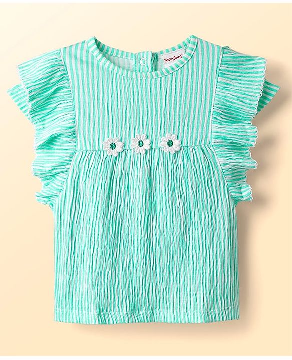 Babyhug Cotton Woven Frill Sleeves Top & Shorts Set with Stripes & Floral Applique - Aqua Blue