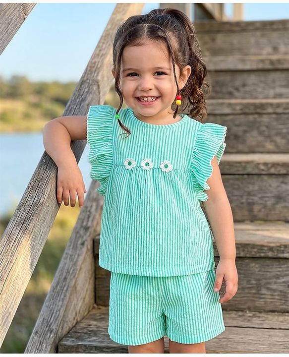 Babyhug Cotton Woven Frill Sleeves Top & Shorts Set with Stripes & Floral Applique - Aqua Blue