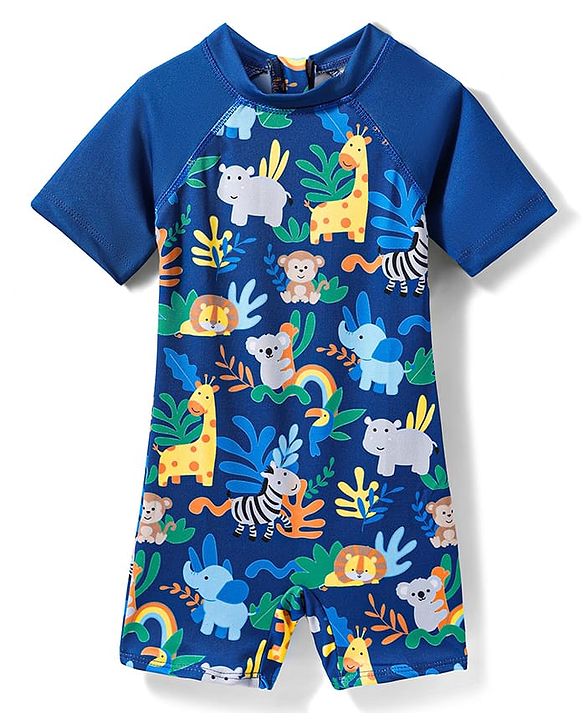 Babyhug Water Repellant Half Raglan Sleeves Legged Swimsuit With Animal Print - Navy Blue