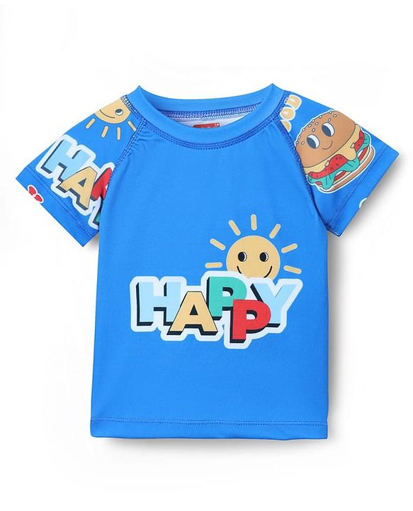 Babyhug Water Repellant Half Raglan Sleeves Two Piece Swimsuit with Typography Print - Blue