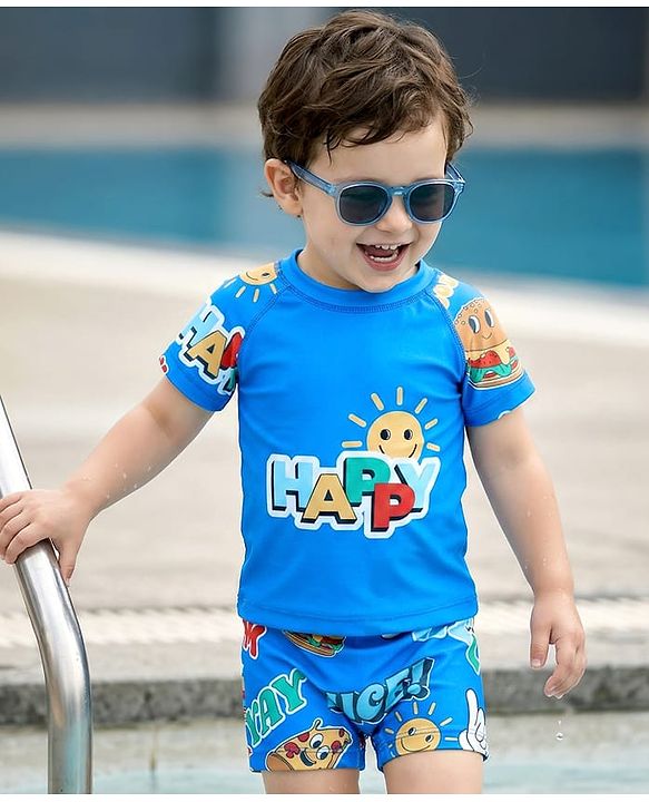 Babyhug Water Repellant Half Raglan Sleeves Two Piece Swimsuit with Typography Print - Blue