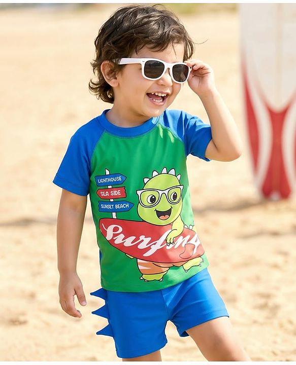 Babyhug Cotton Water Repellant Half Raglan Sleeves Two Piece Swimming Suit with Dino Print - Blue & Green