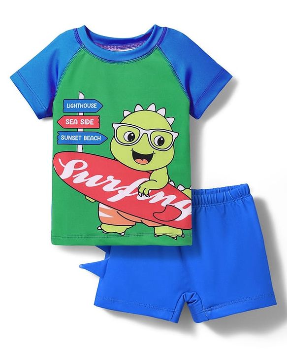Babyhug Cotton Water Repellant Half Raglan Sleeves Two Piece Swimming Suit with Dino Print - Blue & Green